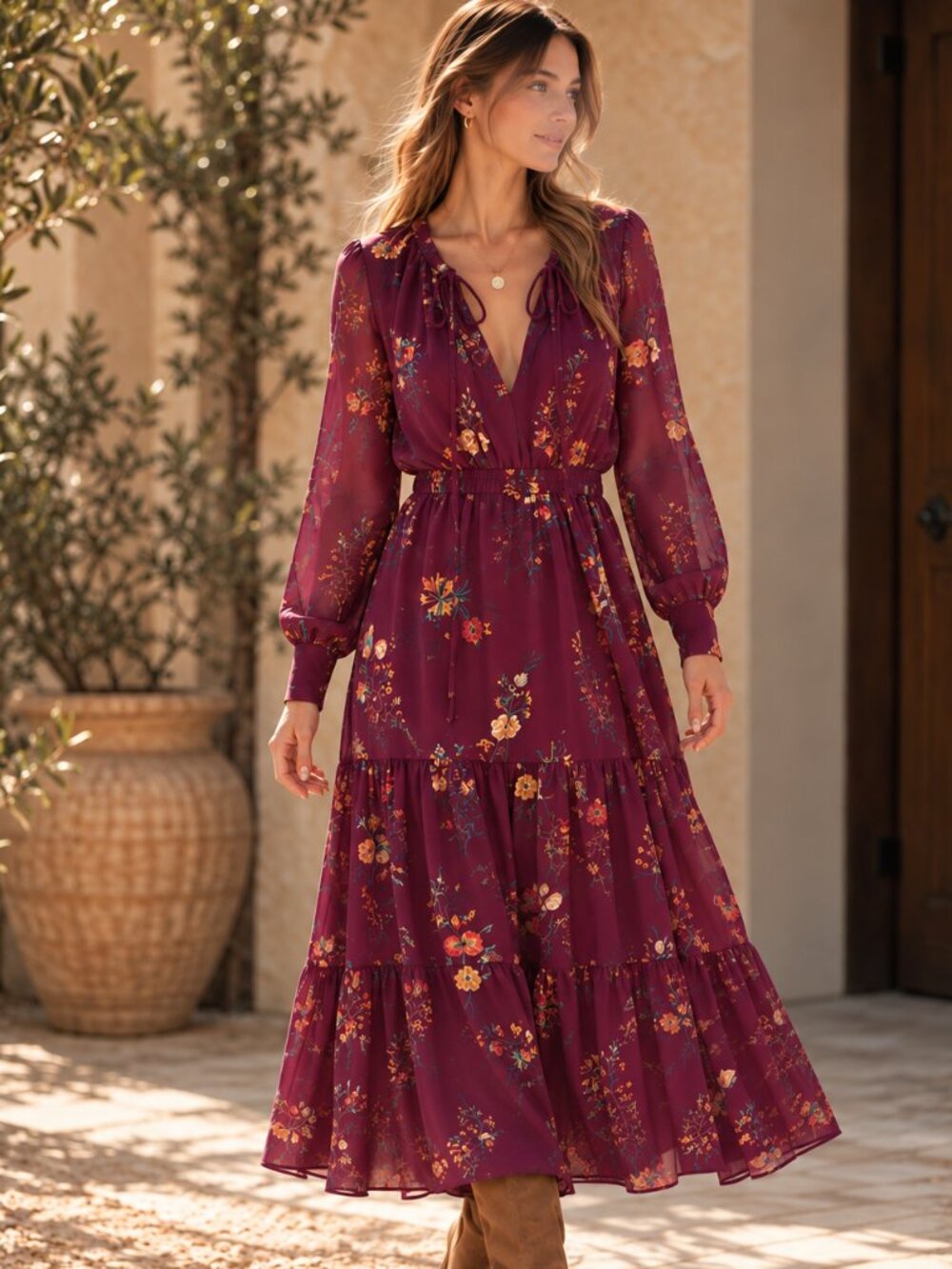 wayf burgundy floral long sleeve midi dress size small
